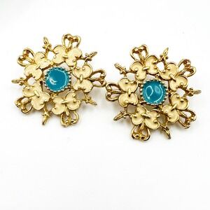 Vintage Gold‎ Tone Enamel Flower Earrings Blue Medallion Pierced